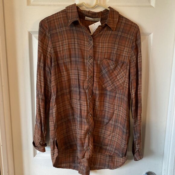 Becool Women’s Small Button Up Long Sleeve Plaid Shirt Brown Checked Rust Light - Picture 1 of 9